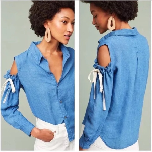 Rails Chambray Blue Button Down Open Shoulder Ribbon Boho Minimalist Size XS - Picture 1 of 10